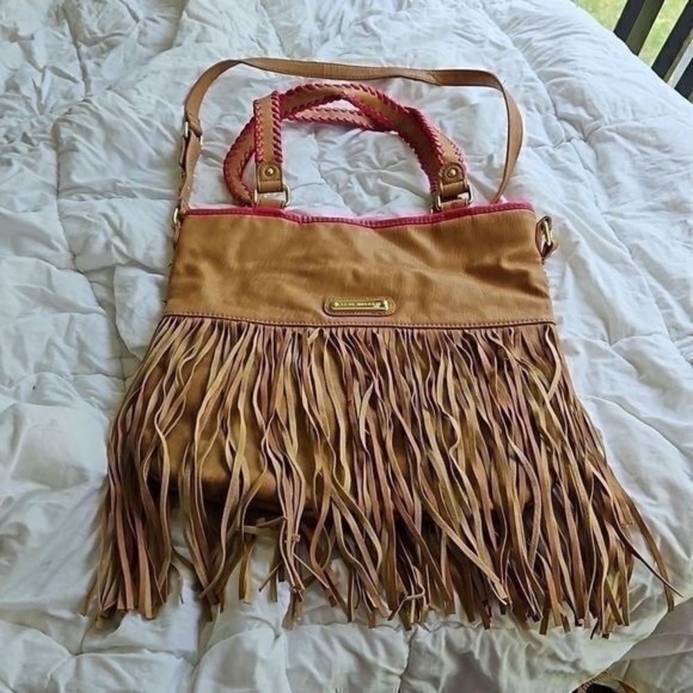 Steve Madden Tan and Pink Fringed Shoulder Bag